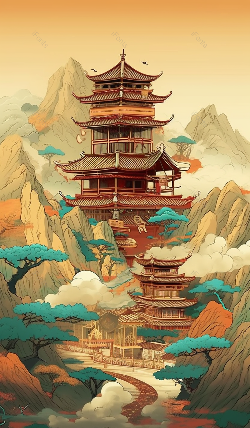 中国风高塔楼台古风房屋建筑在山峰上面山水竖版插画,插画/手绘图,插画/手绘图库,插画/手绘图下载,插画/手绘